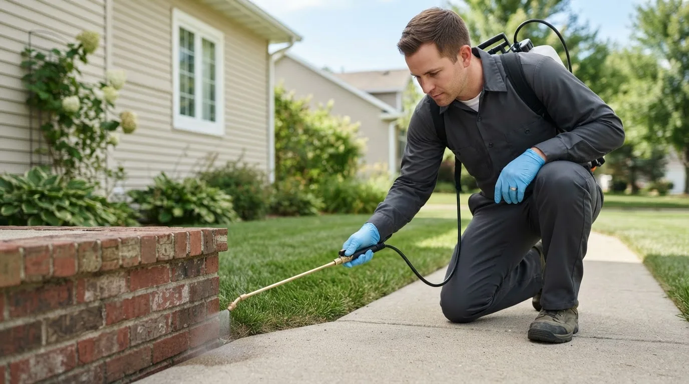 Pest control technician treating a home near Trementina, NM